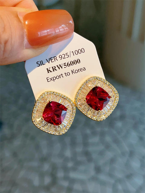 925 needle super shininy red cubic zircon square shape women earrings