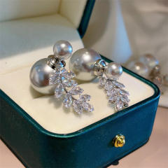 Delicate gray color pearl diamond leaf jacket earrings