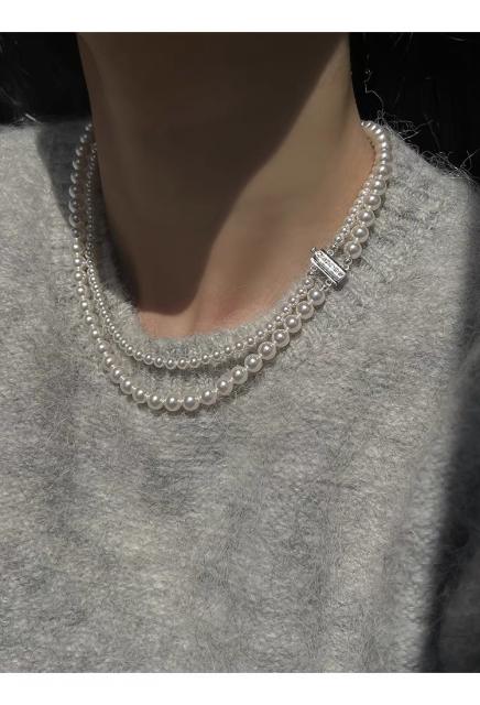 Classic two layer pearl bead 925 silver women necklace