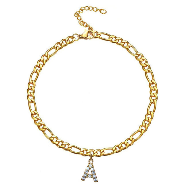 Delicate diamond initial letter charm figaro chain stainless steel anklet