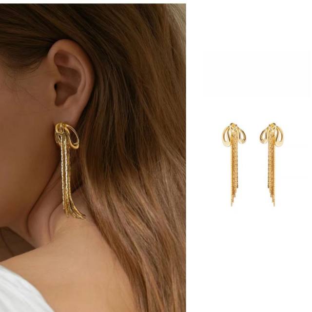 18K cute bow chain tassel women earrings