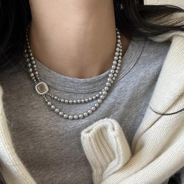 Chic elegant gray pearl two layer women necklace