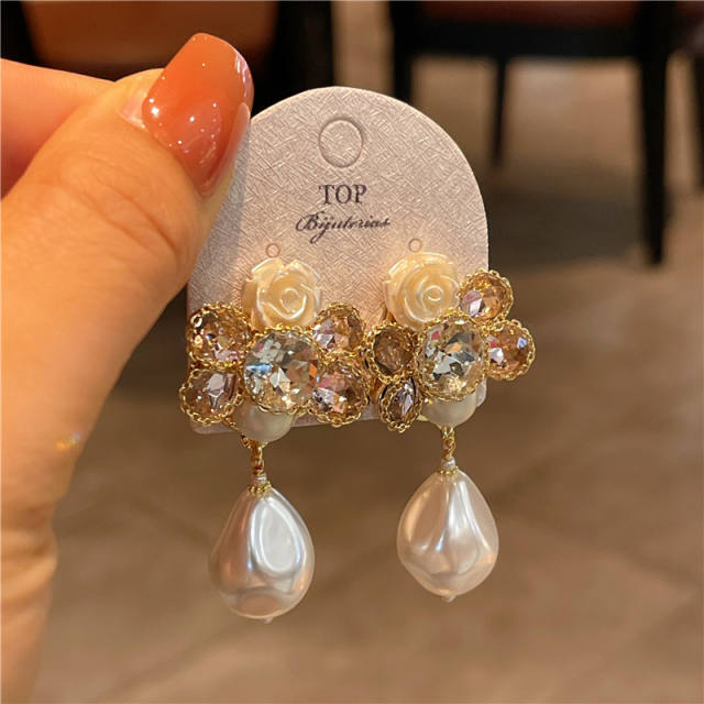 Handmade baroque pearl drop flower dangle earrings