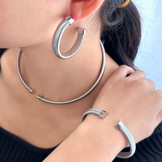 8mm Personality stainless steel choker necklace bracelet earrings set