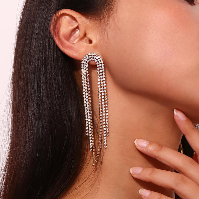 18KG luxury diamond tassel stainless steel earrings wedding prom
