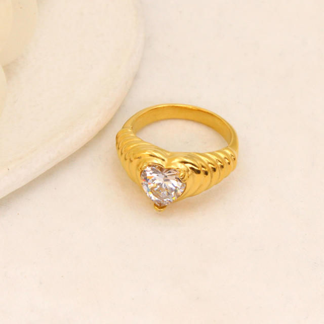 Delicate heart cubic zircon chunky stainless steel finger rings