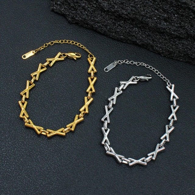 Hiphop x shape stainless steel chain necklace bracelet set