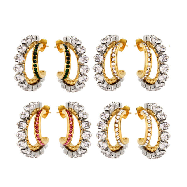 Delicate cubic zircon two layer open hoop stainless steel earrings