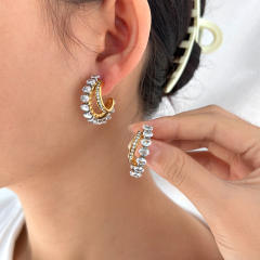 Delicate cubic zircon two layer open hoop stainless steel earrings