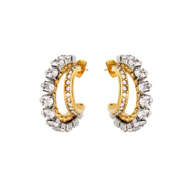 Delicate cubic zircon two layer open hoop stainless steel earrings