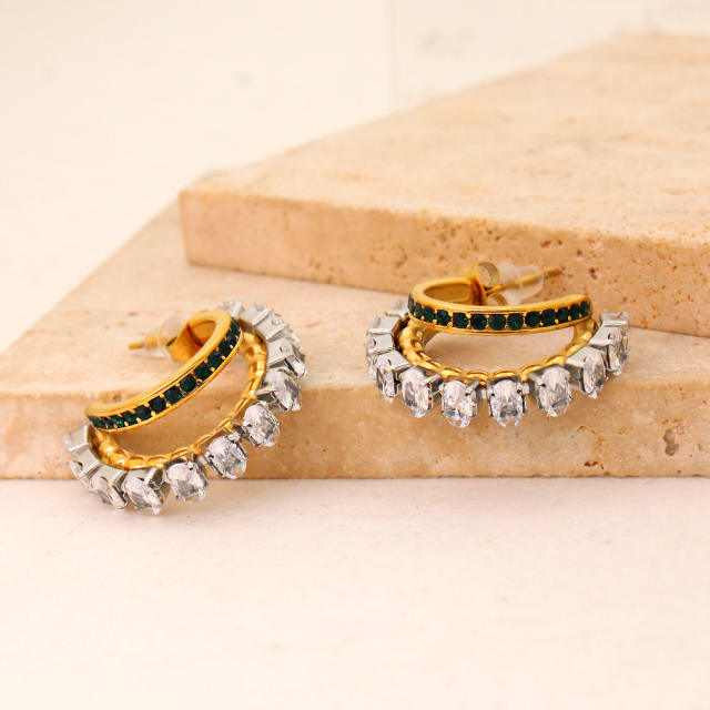 Delicate cubic zircon two layer open hoop stainless steel earrings