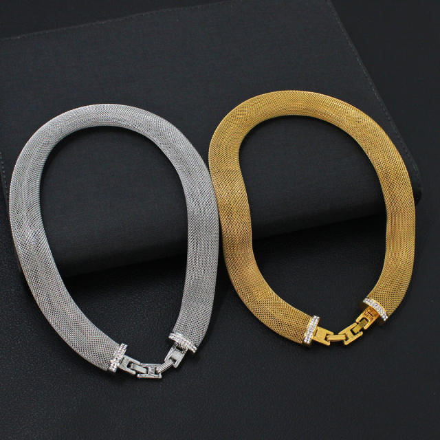 Chunky cubic zircon mesh pattern stainless steel choker necklace bracelet
