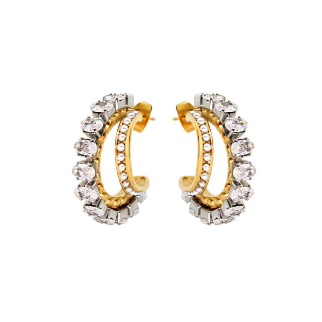 Delicate cubic zircon two layer open hoop stainless steel earrings