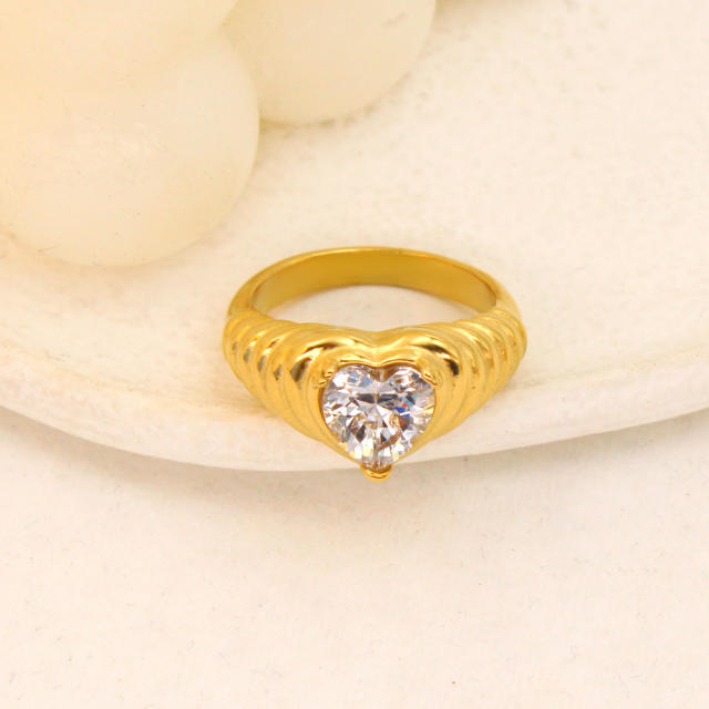 Delicate heart cubic zircon chunky stainless steel finger rings