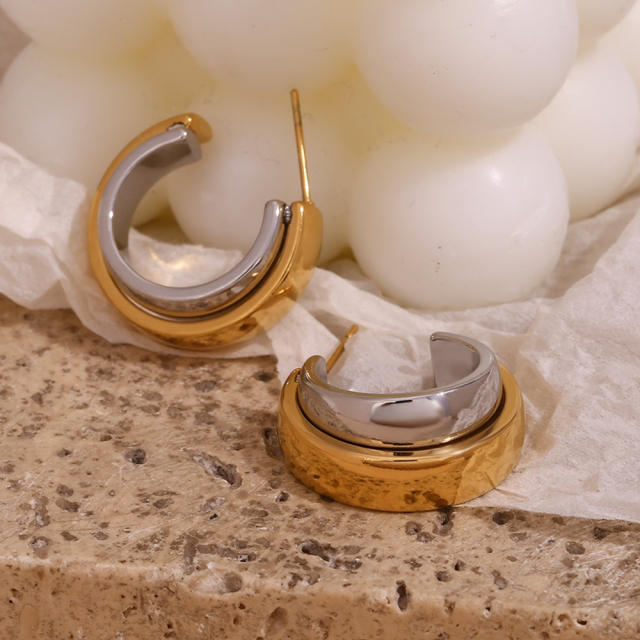 18KG two tone open hoop stainless steel earrings