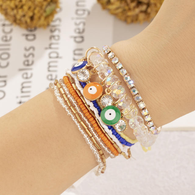 Creative hot sale clear faux crystal bead evil eye bracelet set multi layer bracelet
