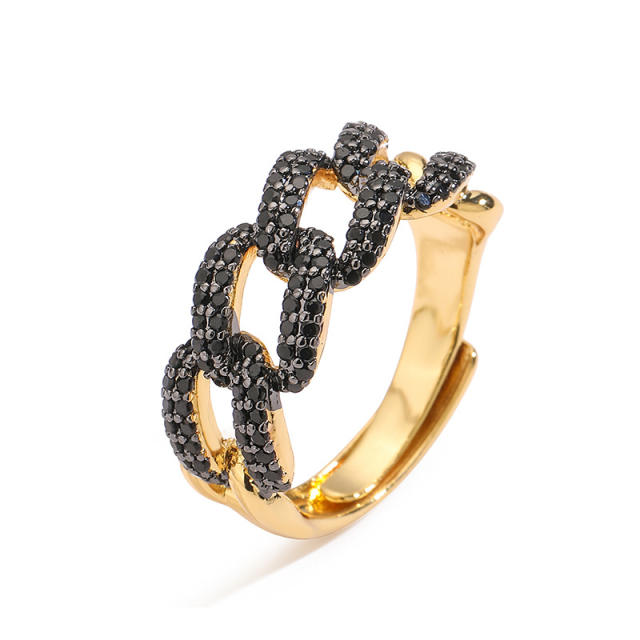 Chunky pave setting colorful cubic zircon cuban link chain pattern copper rings