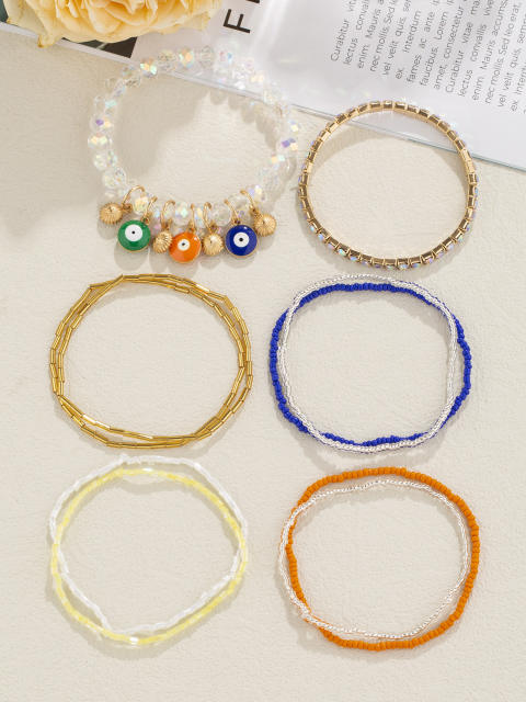Creative hot sale clear faux crystal bead evil eye bracelet set multi layer bracelet