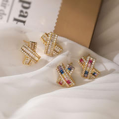 Delicate pave setting cubic zircon X shape copper studs earrings