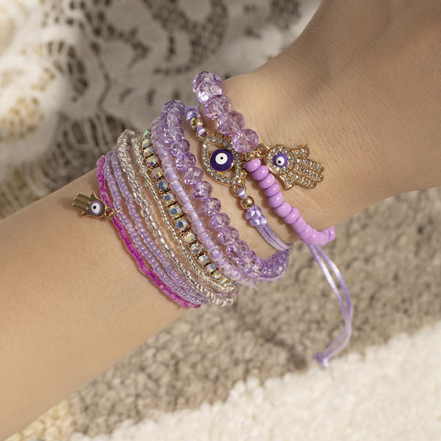 Boho hot sale colorful faux crystal bead evil eye multi layer bracelet bracelet set