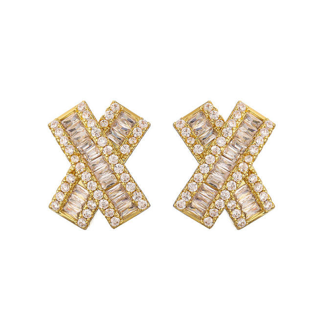 Delicate pave setting cubic zircon X shape copper studs earrings