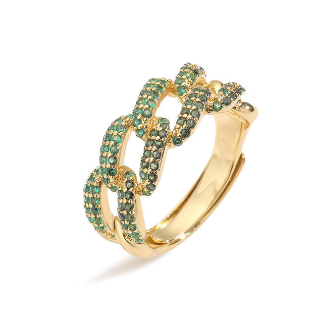 Chunky pave setting colorful cubic zircon cuban link chain pattern copper rings