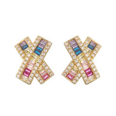 Delicate pave setting cubic zircon X shape copper studs earrings