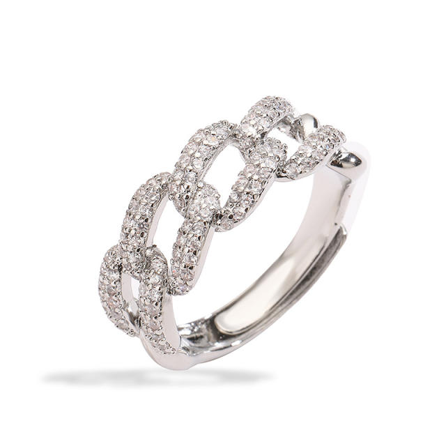Chunky pave setting colorful cubic zircon cuban link chain pattern copper rings