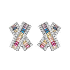 Delicate pave setting cubic zircon X shape copper studs earrings