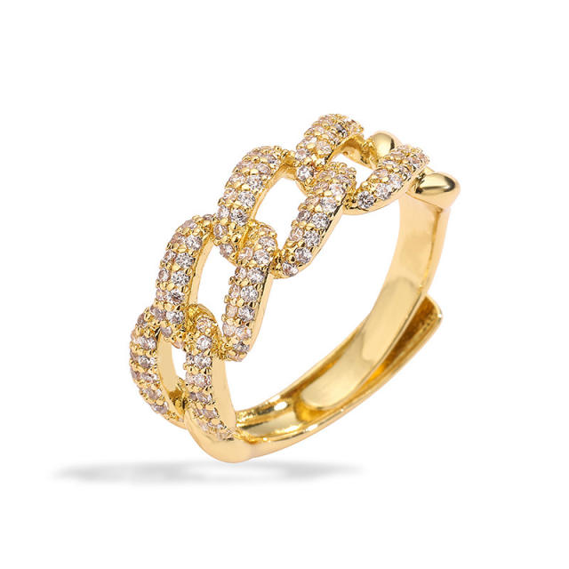 Chunky pave setting colorful cubic zircon cuban link chain pattern copper rings
