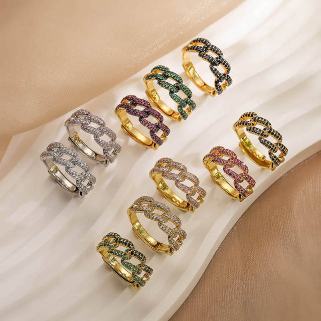 Chunky pave setting colorful cubic zircon cuban link chain pattern copper rings
