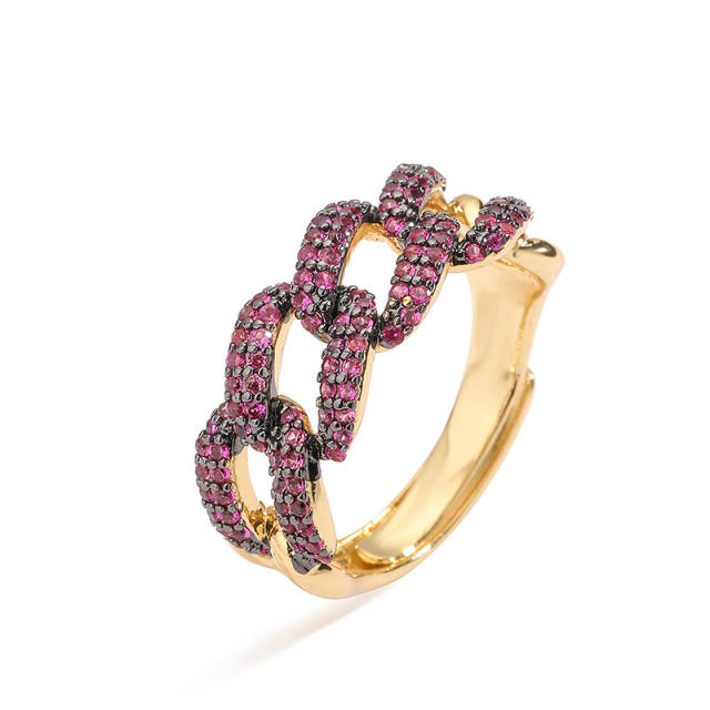 Chunky pave setting colorful cubic zircon cuban link chain pattern copper rings