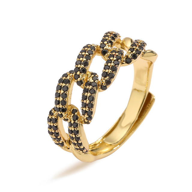 Chunky pave setting colorful cubic zircon cuban link chain pattern copper rings