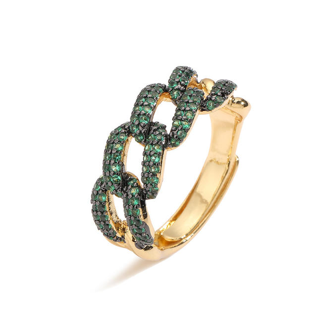 Chunky pave setting colorful cubic zircon cuban link chain pattern copper rings