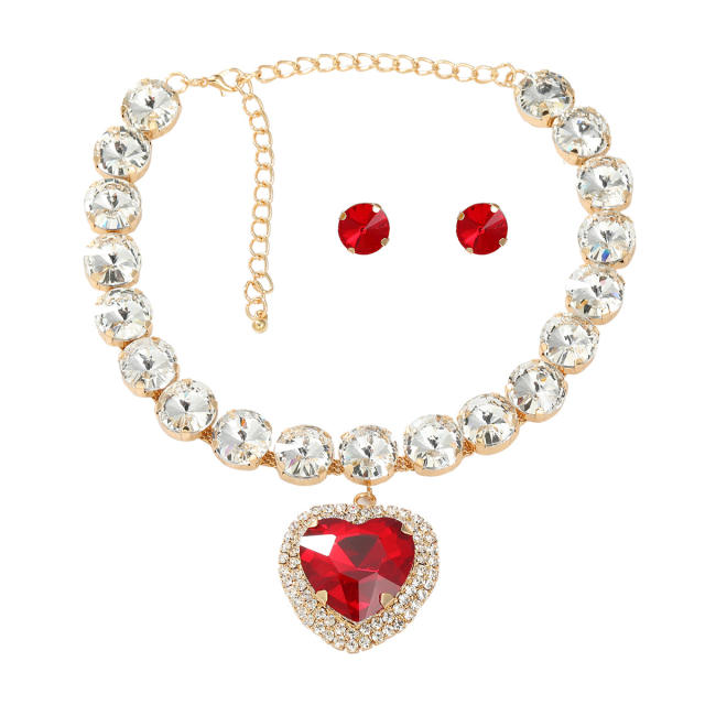Chunky colorful glass crystal heart charm diamond necklace set for women