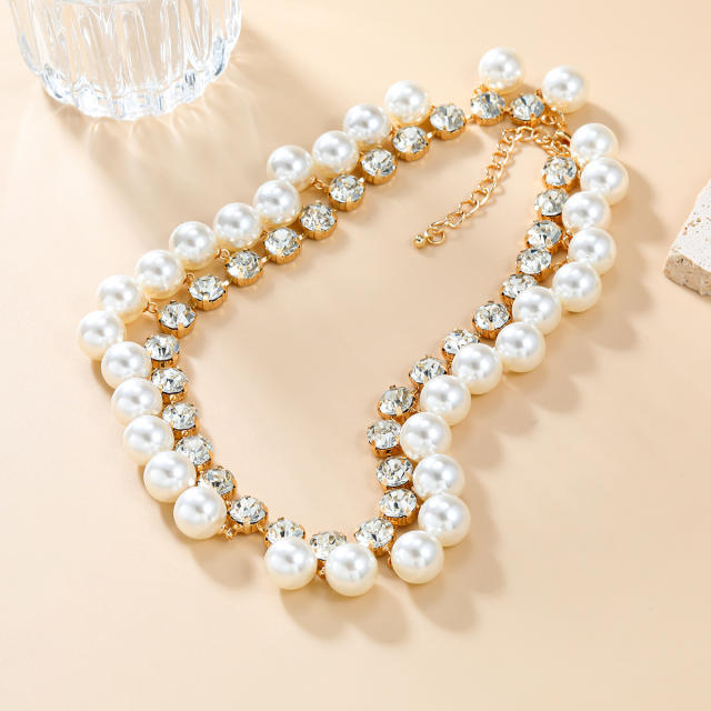 Winter pearl bead rhinestone two layer delicate women choker necklace