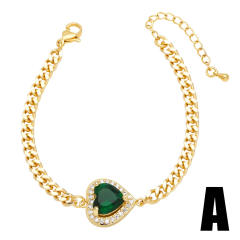 Gold color cuban link chain green cubic zircon bear heart copper bracelet