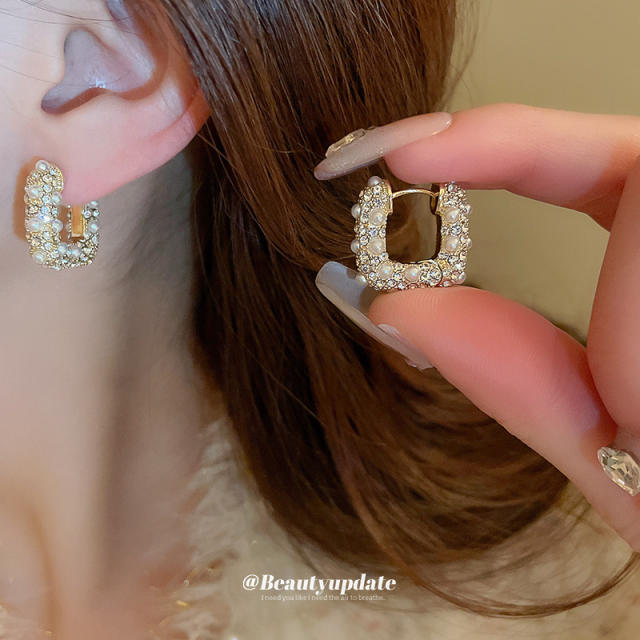 925 needle pave setting pearl bead drop square design women earrings