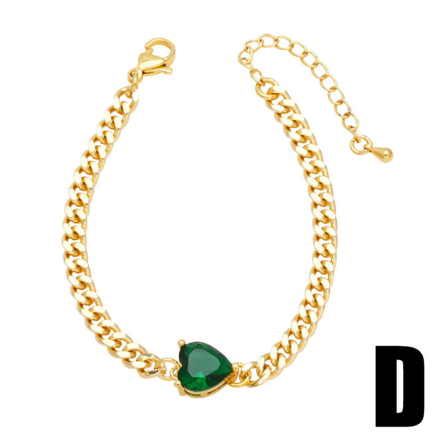 Gold color cuban link chain green cubic zircon bear heart copper bracelet