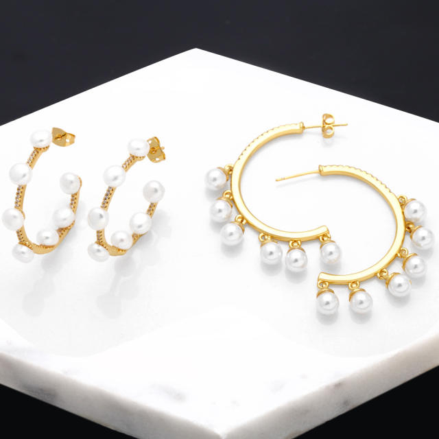 Hot sale pearl bead open hoop gold plated copper women earrings