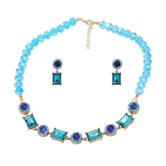 Boho blue color glass crystal statement necklace set