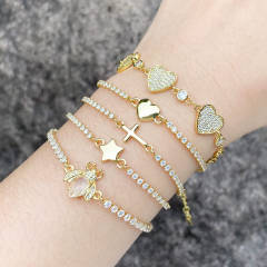 Delicate tennis chain heart cross gold plated copper slide bracelet