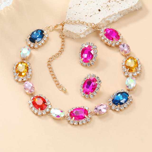 Delicate colorful glass crystal statement party prom choker necklace set