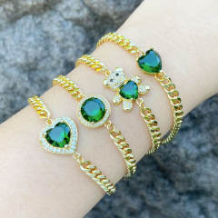 Gold color cuban link chain green cubic zircon bear heart copper bracelet