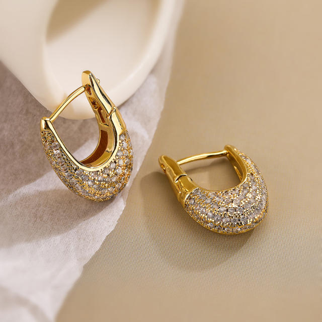 18K real gold plated copper pave setting cubic zircon U shape women earrings
