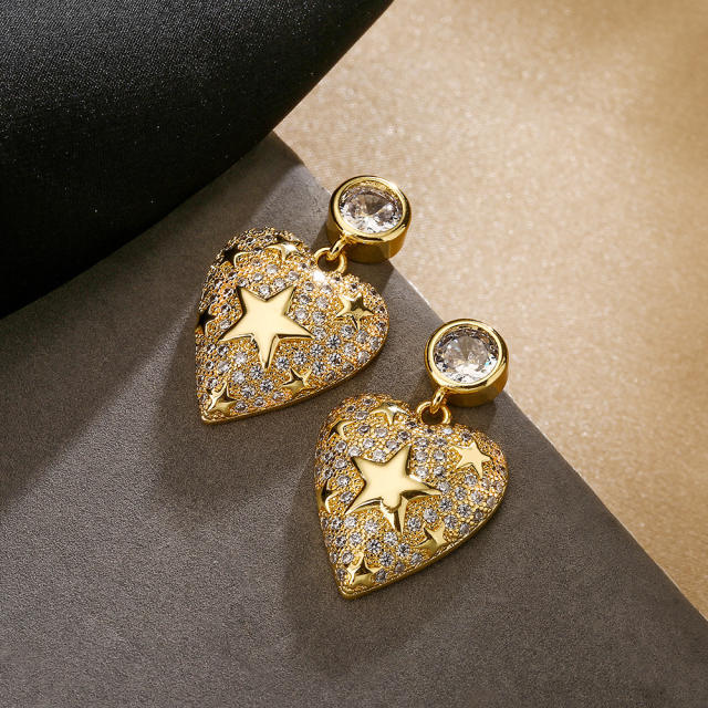 Delicate star cubic zircon heart gold plated copper earrings