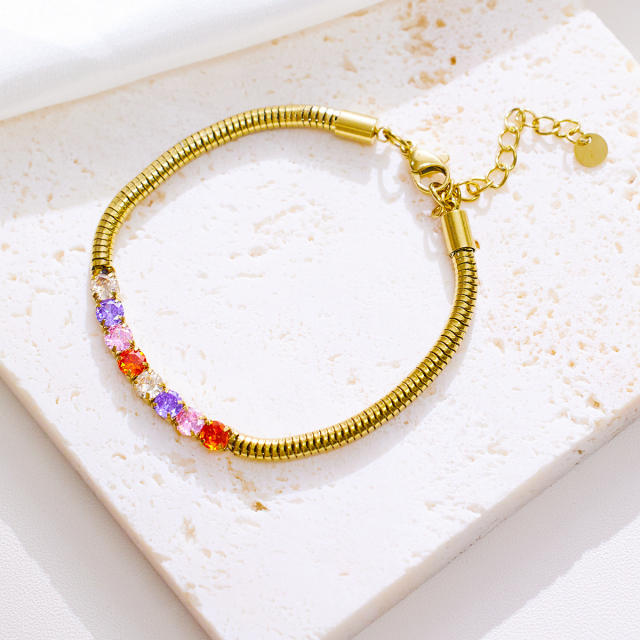 INS personality colorful cubic zircon evil eye stainless steel bracelet