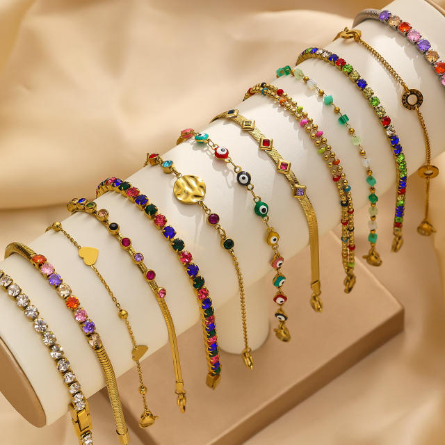 INS personality colorful cubic zircon evil eye stainless steel bracelet