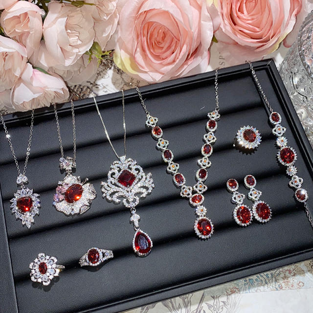 Delicate ruby cubic zircon statement necklace earrings rings collection