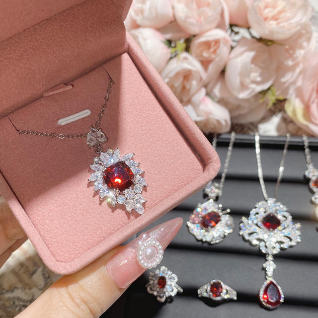 Delicate ruby cubic zircon statement necklace earrings rings collection